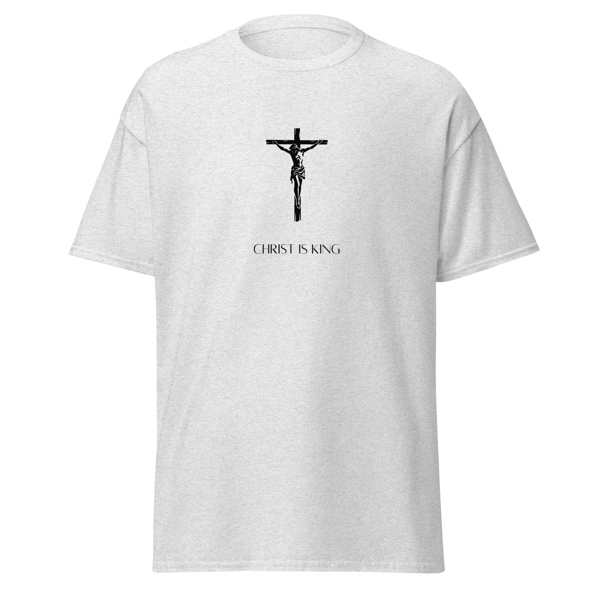 Ash grey T-shirt with a black crucifix above Christ Is King lettering, front view.
