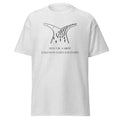 Ash grey T-shirt with a black illustration of people at a fork in the road above Don’t Be a Sheep, Follow in God’s Footsteps lettering, front view.