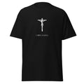 Black T-shirt with a white crucifix above Christ Is King lettering, front view