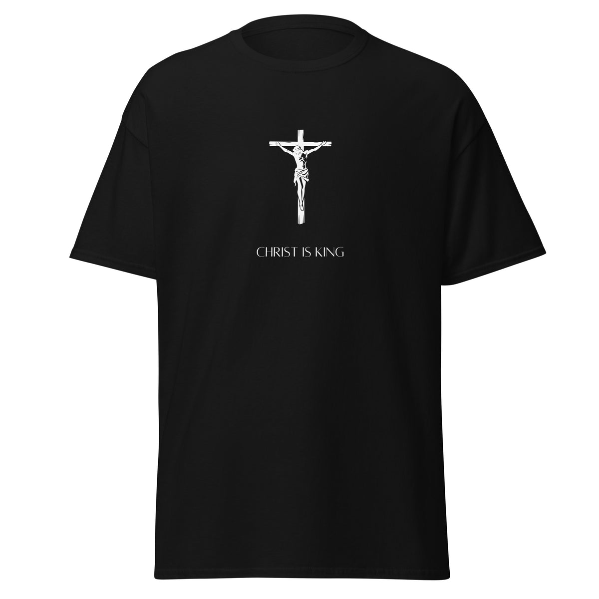 Black T-shirt with a white crucifix above Christ Is King lettering, front view