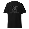 Black T-shirt with a white illustration of people at a fork in the road above Don’t Be a Sheep, Follow in God’s Footsteps lettering, front view.