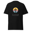 Black T-shirt with a colourful circular cross design above white Get Out of Culture and Get Into Jesus lettering, front view.