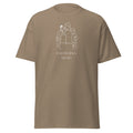 Brown T-shirt with a white line drawing of a family above Follow Jesus, We Do lettering, front view.