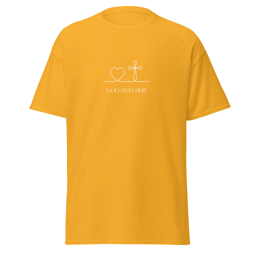 Gold yellow T-shirt with a white heart and cross above God Lives Here lettering, front view.