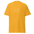 Gold yellow T-shirt with a white heart and cross above God Lives Here lettering, front view.