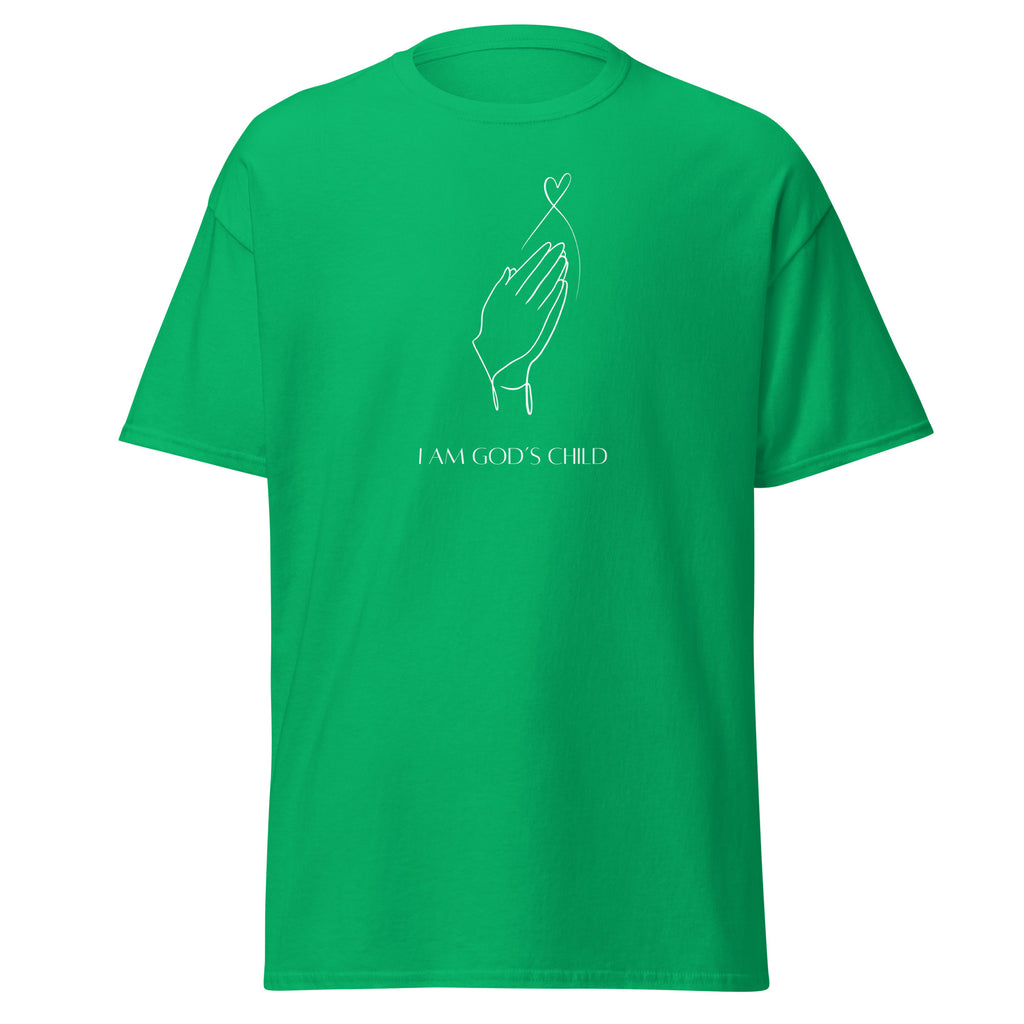 Green T-shirt with white praying hands, a heart outline, and I Am God’s Child lettering, front view.