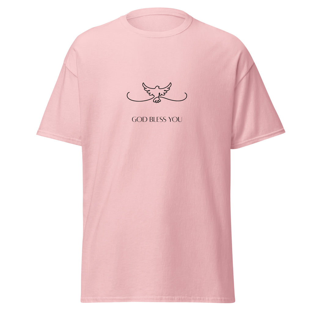 Light pink T-shirt with a black dove above God Bless You lettering, front view.