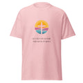 Light pink T-shirt with a colourful circular cross design above black Get Out of Culture and Get Into Jesus lettering, front view.