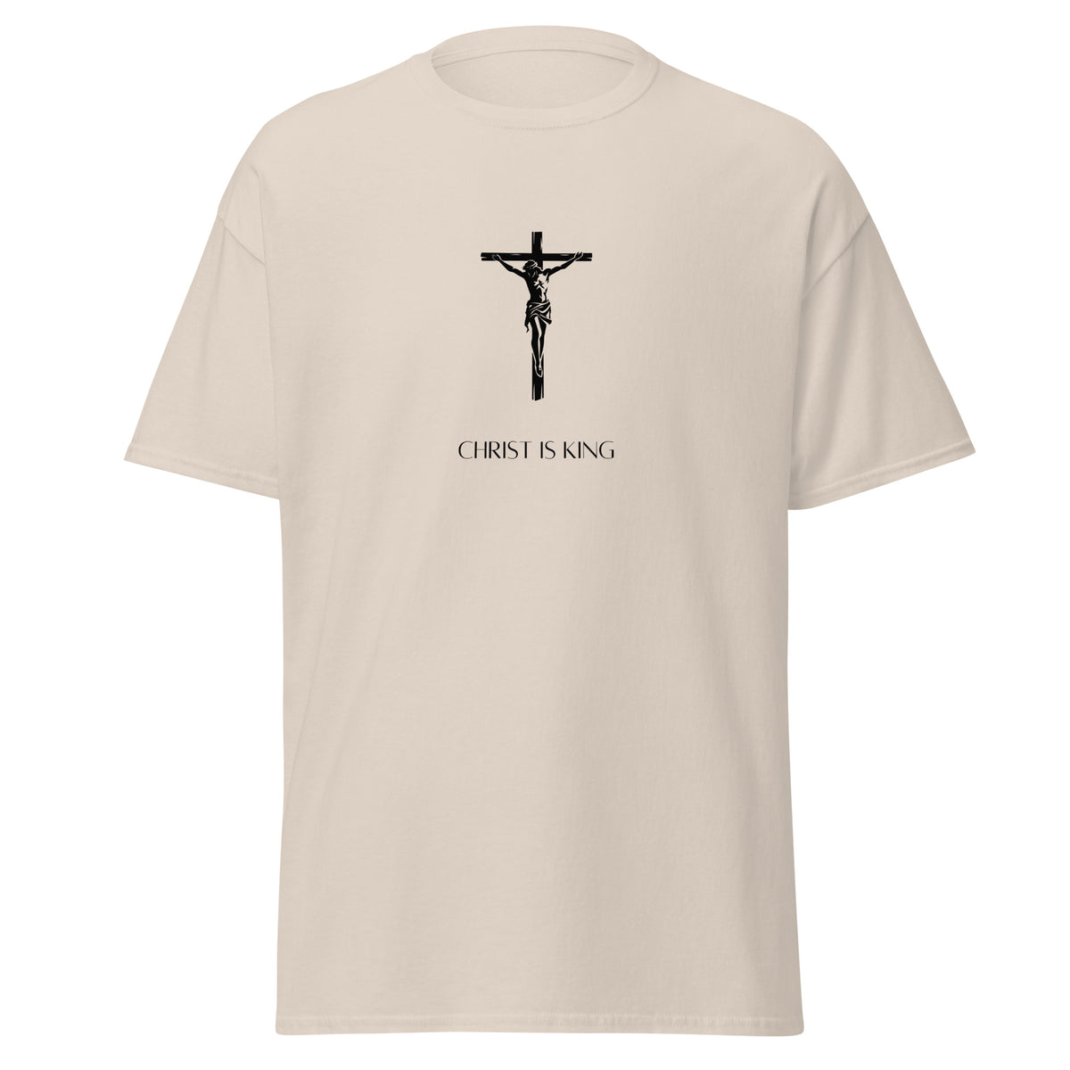 Natural beige T-shirt with a black crucifix above Christ Is King lettering, front view.