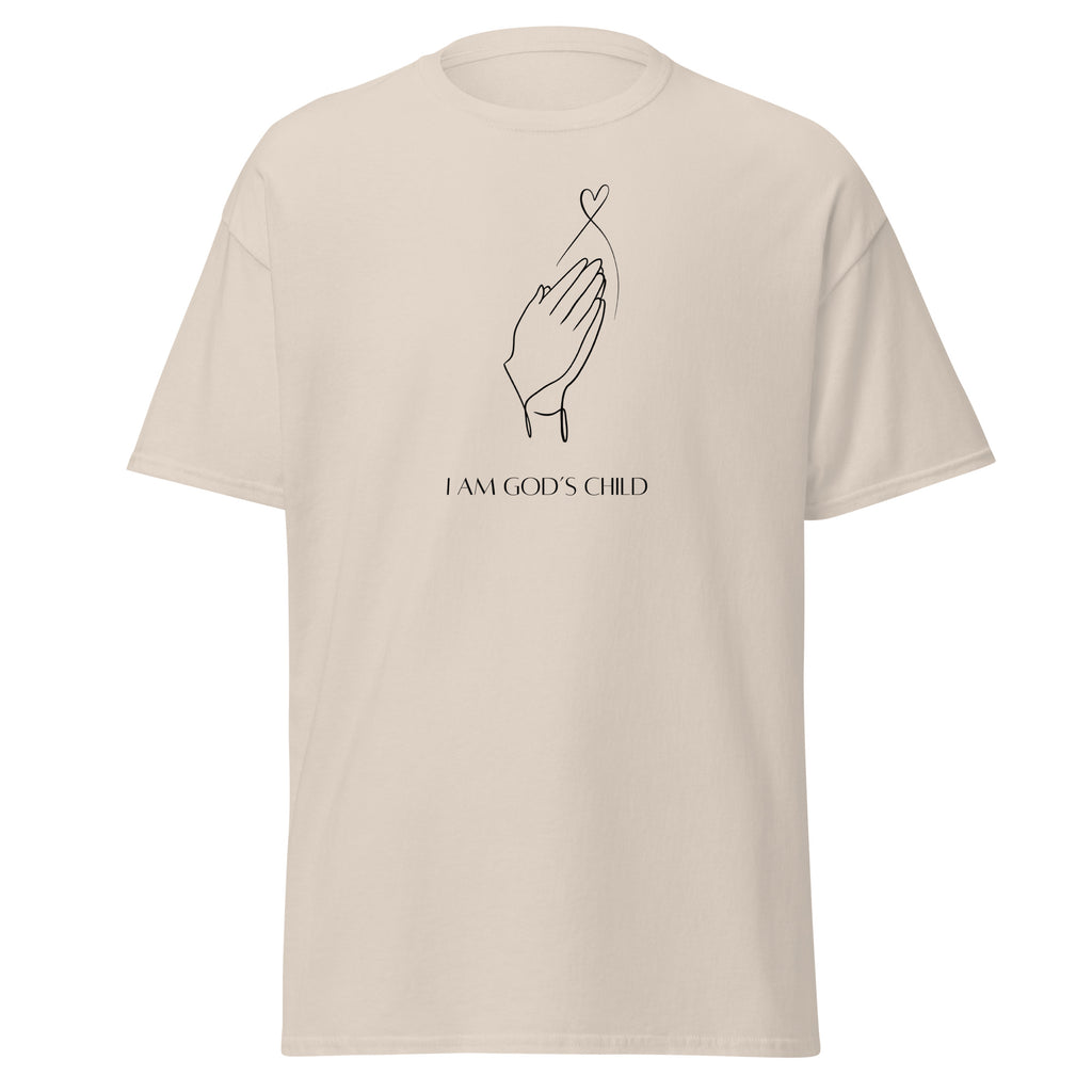 Natural beige T-shirt with black praying hands, a heart outline, and I Am God’s Child lettering, front view.