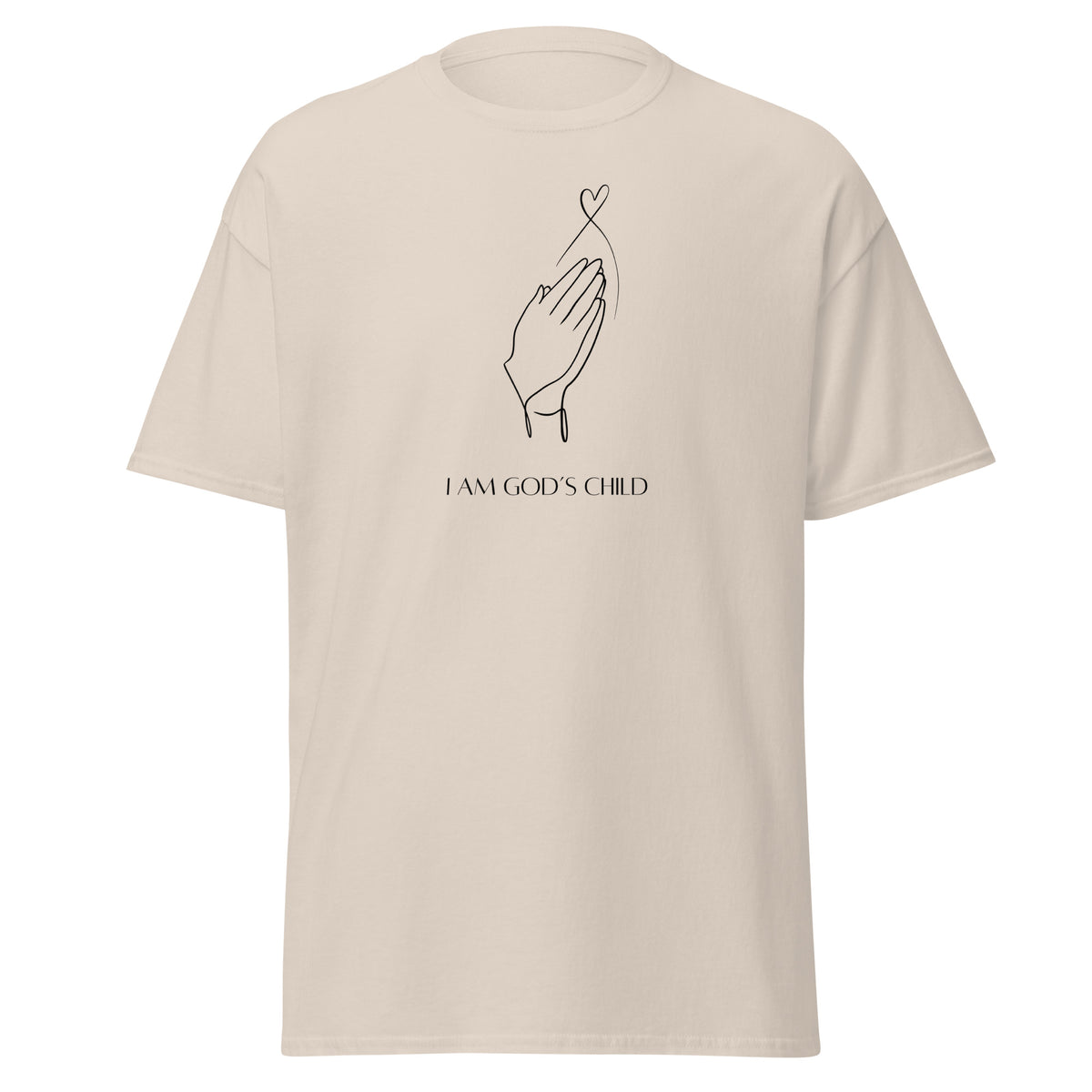 Natural beige T-shirt with black praying hands, a heart outline, and I Am God’s Child lettering, front view.