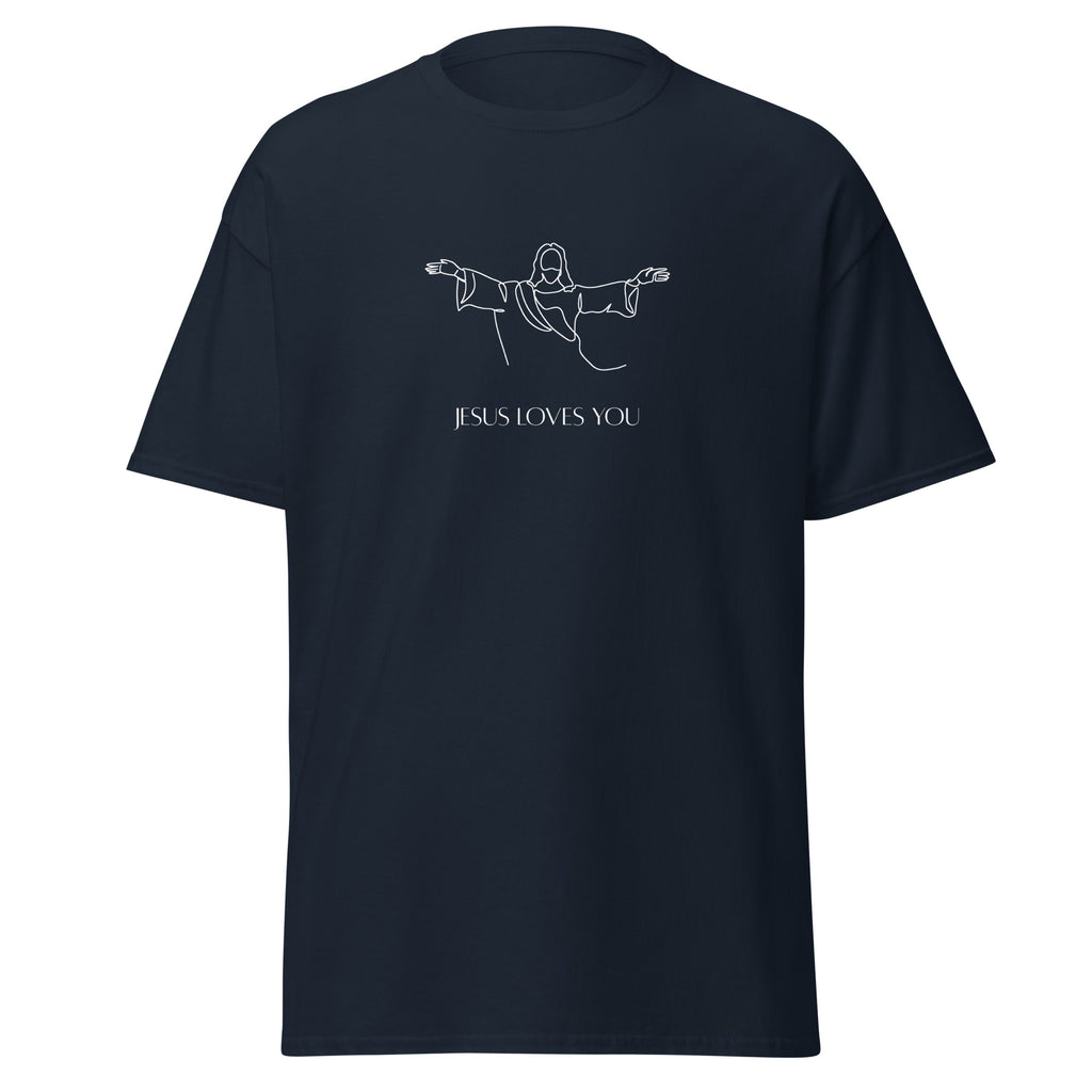 Navy T-shirt with a white line drawing of Jesus with outstretched arms above Jesus Loves You lettering, front view.
