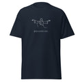Navy T-shirt with a white line drawing of Jesus with outstretched arms above Jesus Loves You lettering, front view.