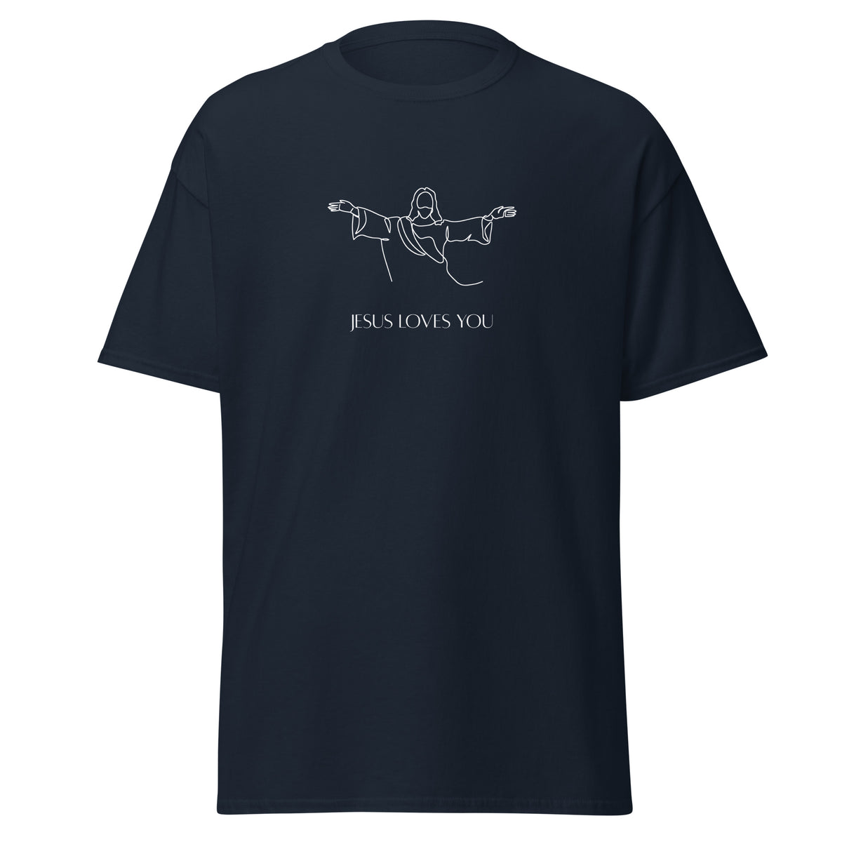Navy T-shirt with a white line drawing of Jesus with outstretched arms above Jesus Loves You lettering, front view.