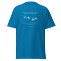 Sapphire blue T-shirt with white reaching hands and the Be Strong and Courageous Bible verse from Joshua 1:9, front view.