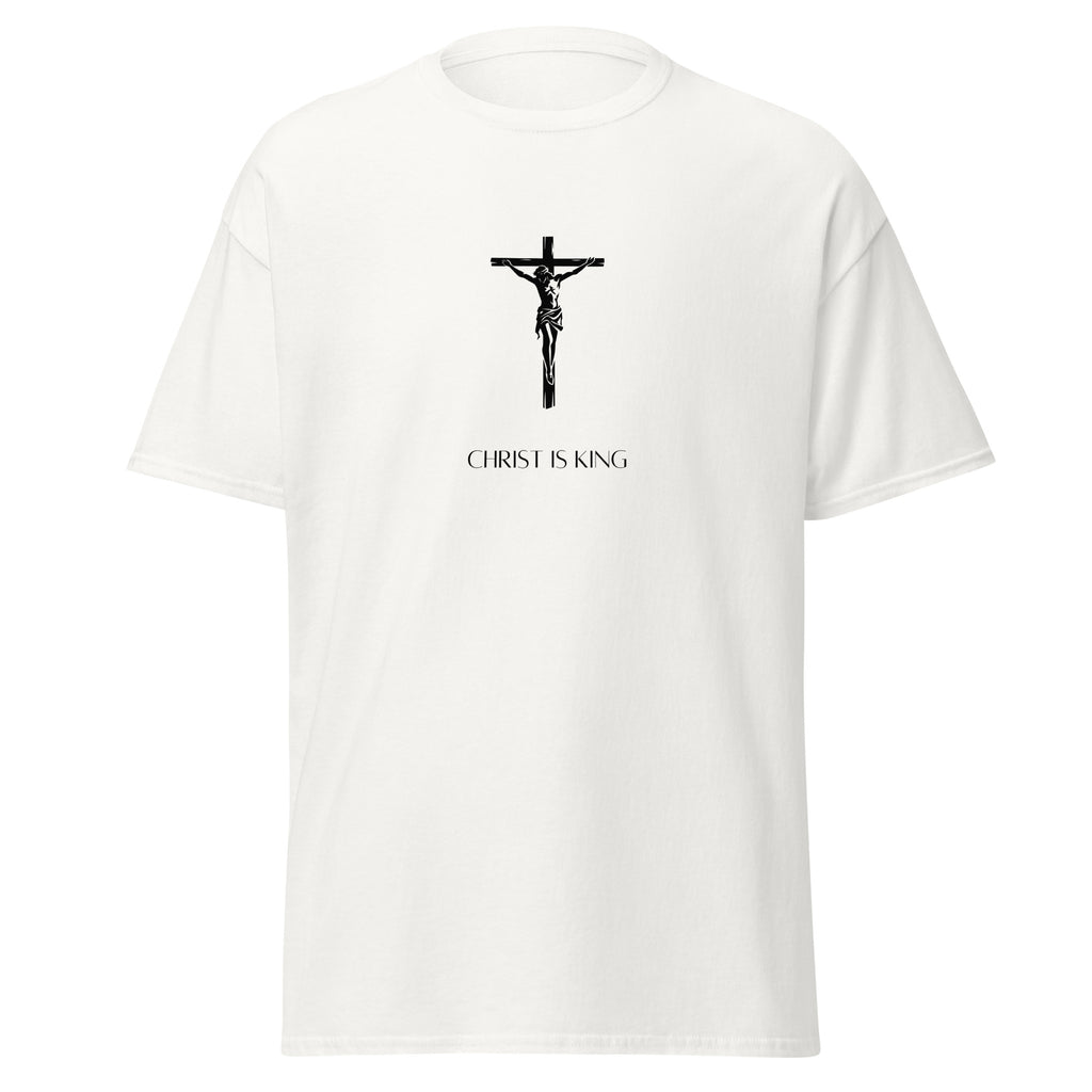 White T-shirt with a black crucifix above Christ Is King lettering, front view.
