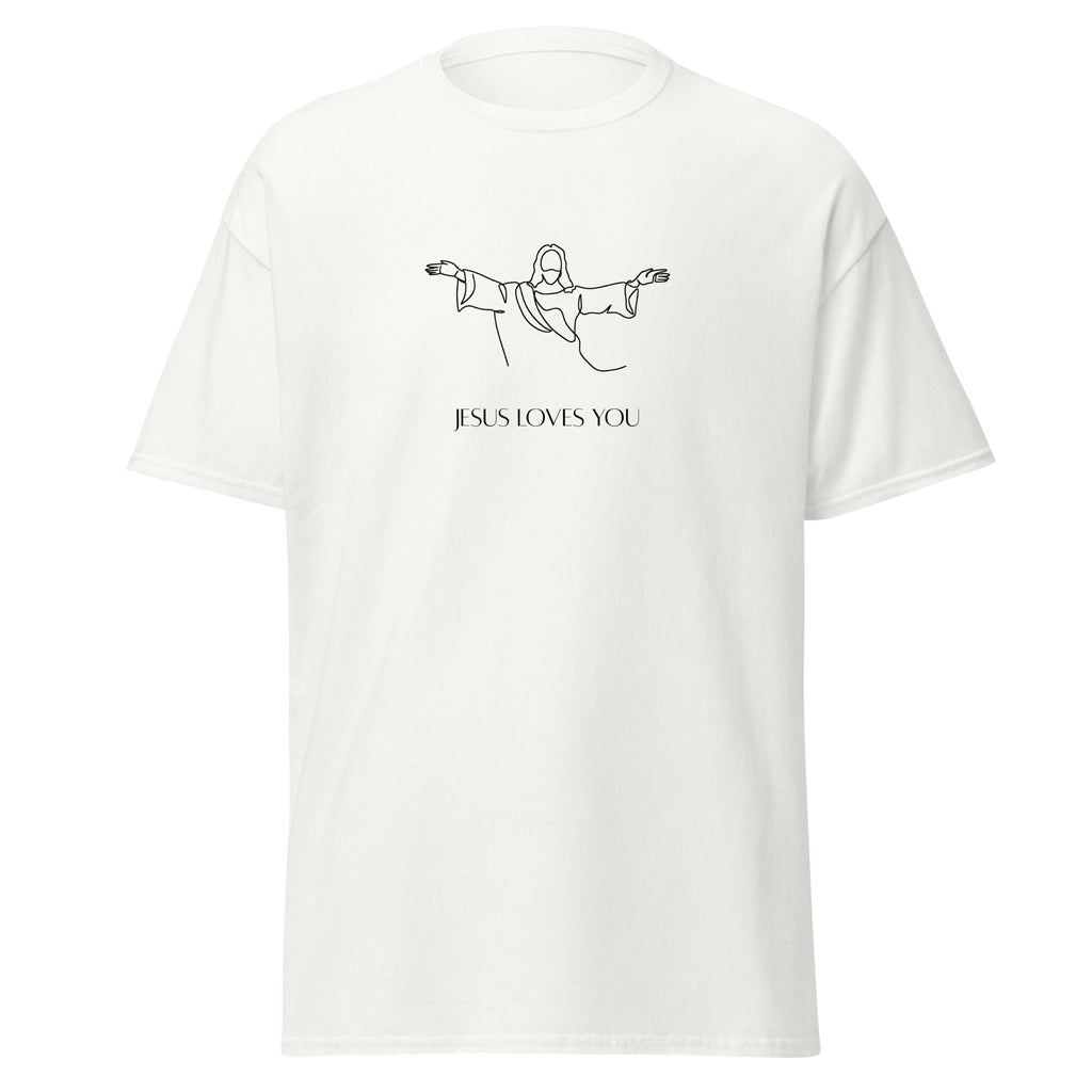 White T-shirt with a black line drawing of Jesus with outstretched arms above Jesus Loves You lettering, front view.