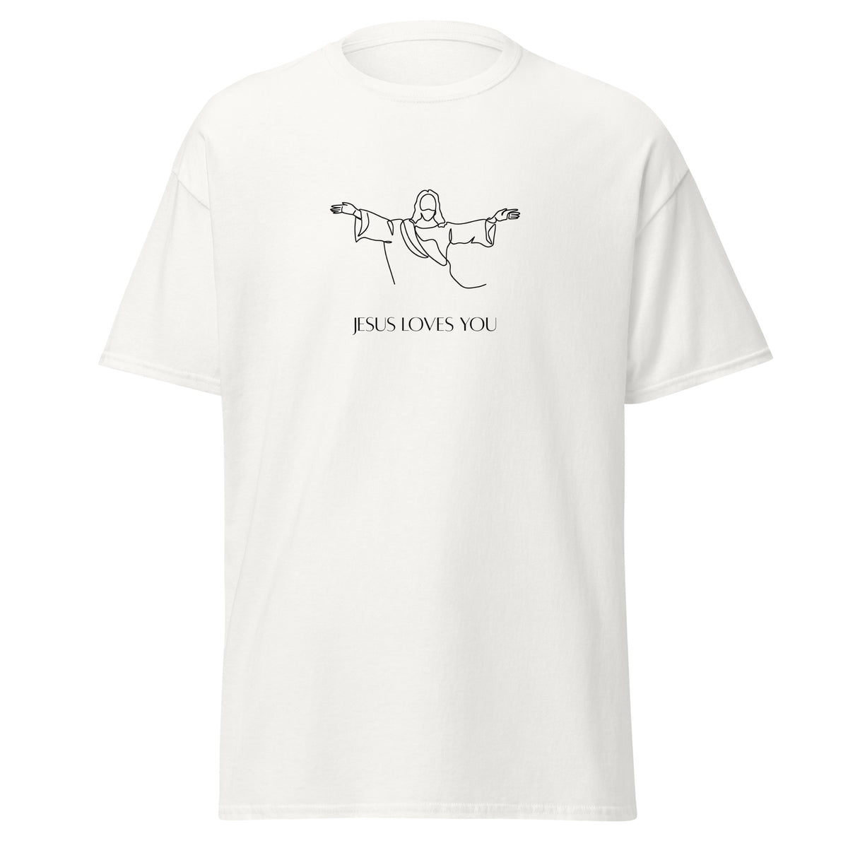 White T-shirt with a black line drawing of Jesus with outstretched arms above Jesus Loves You lettering, front view.