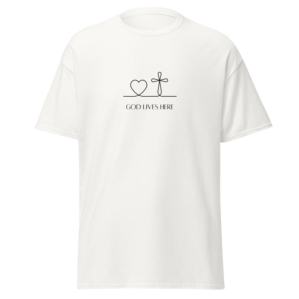 White T-shirt with a black heart and cross above God Lives Here lettering, front view.