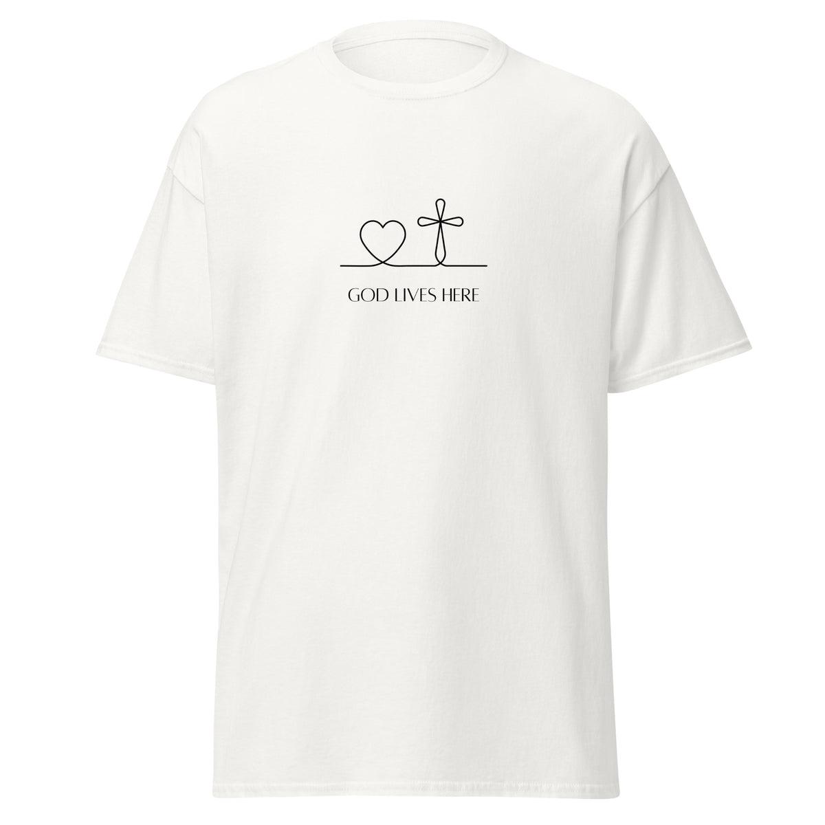 White T-shirt with a black heart and cross above God Lives Here lettering, front view.